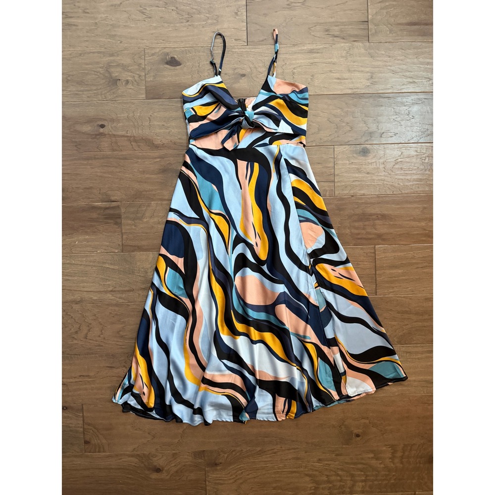 NWT L.A. Soul Wave Print Cutout Dress Women L Blue Yellow Abstract Slit Maxi
